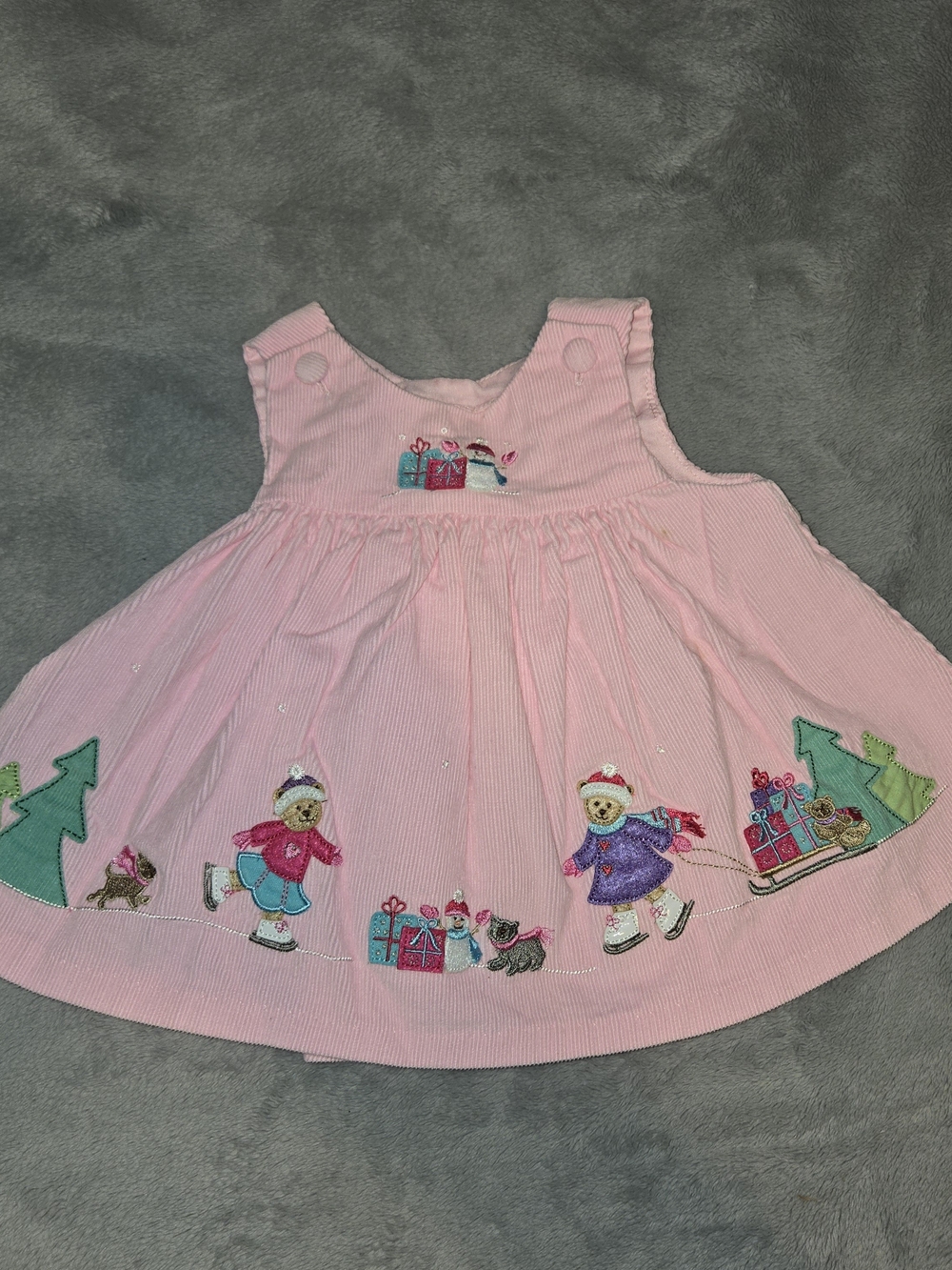 Pink Corduroy Holiday Pinafore Dress Embroidered Winter  Christmas. SZ 3-6M